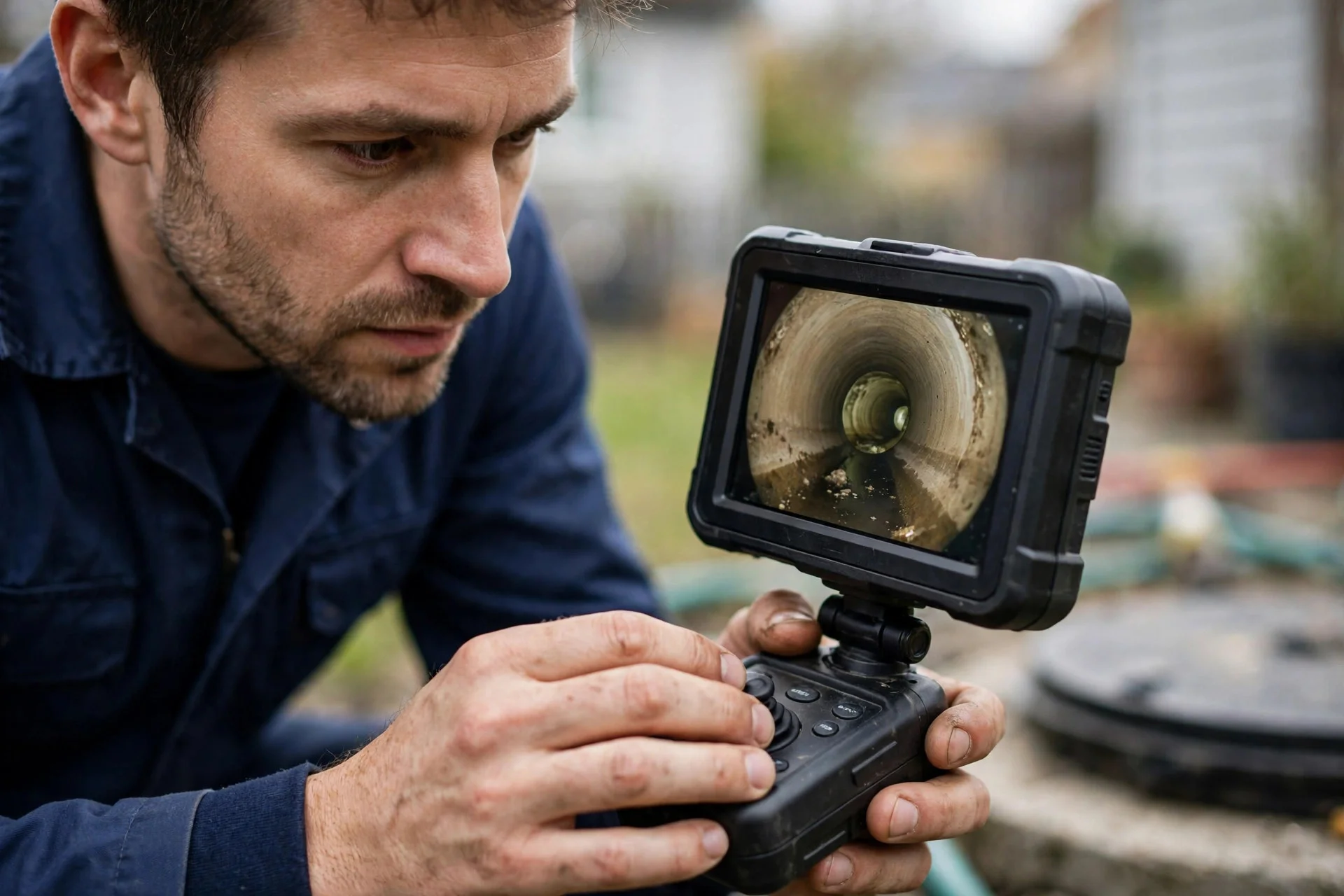 Technician watching a sewer camera monitor