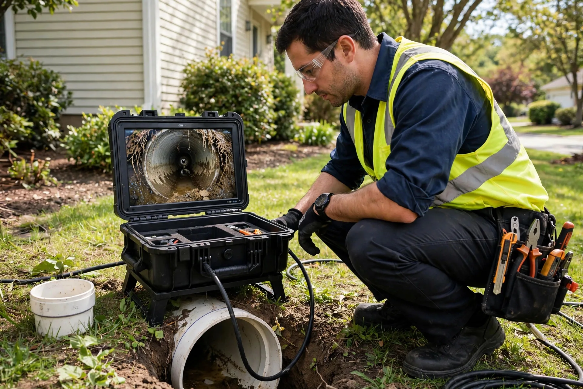 Technician watching a sewer camera monitor at a cleanout