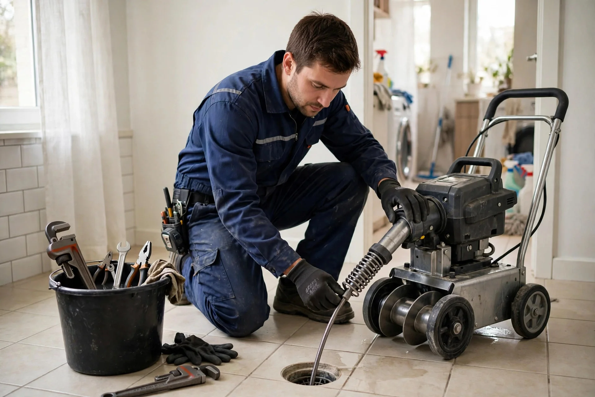 Plumber at an indoor floor drain with a drain machine