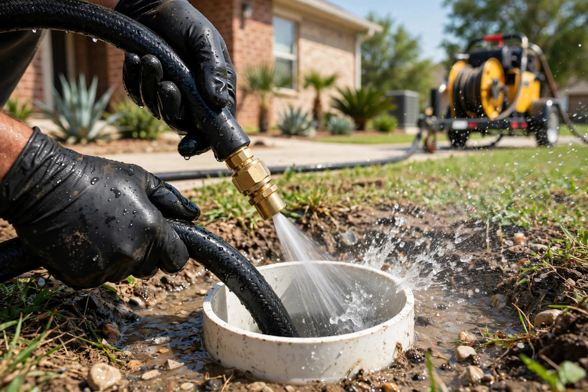 Jetter nozzle clearing a line at a cleanout
