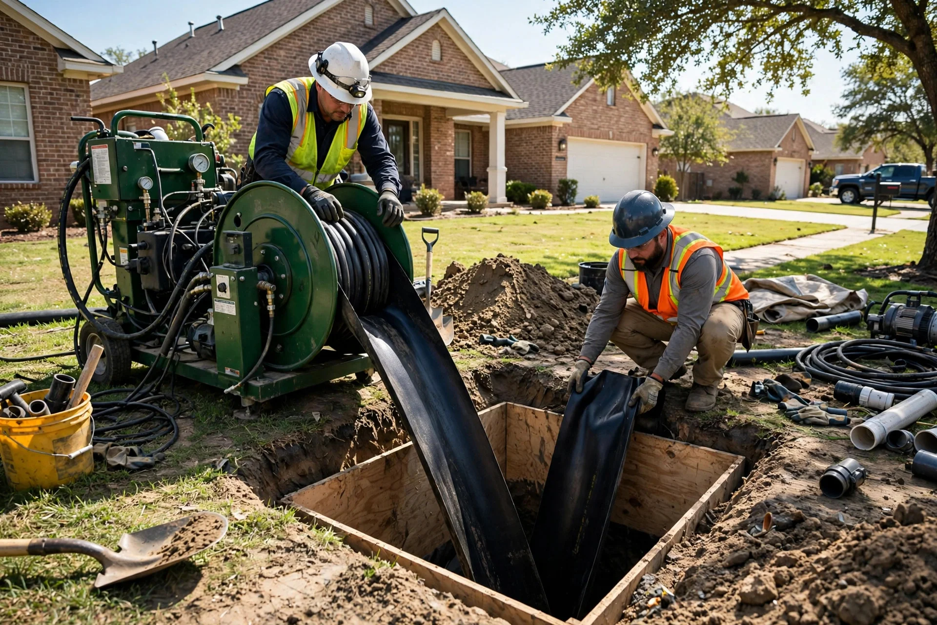 Crew feeding liner into an access pit