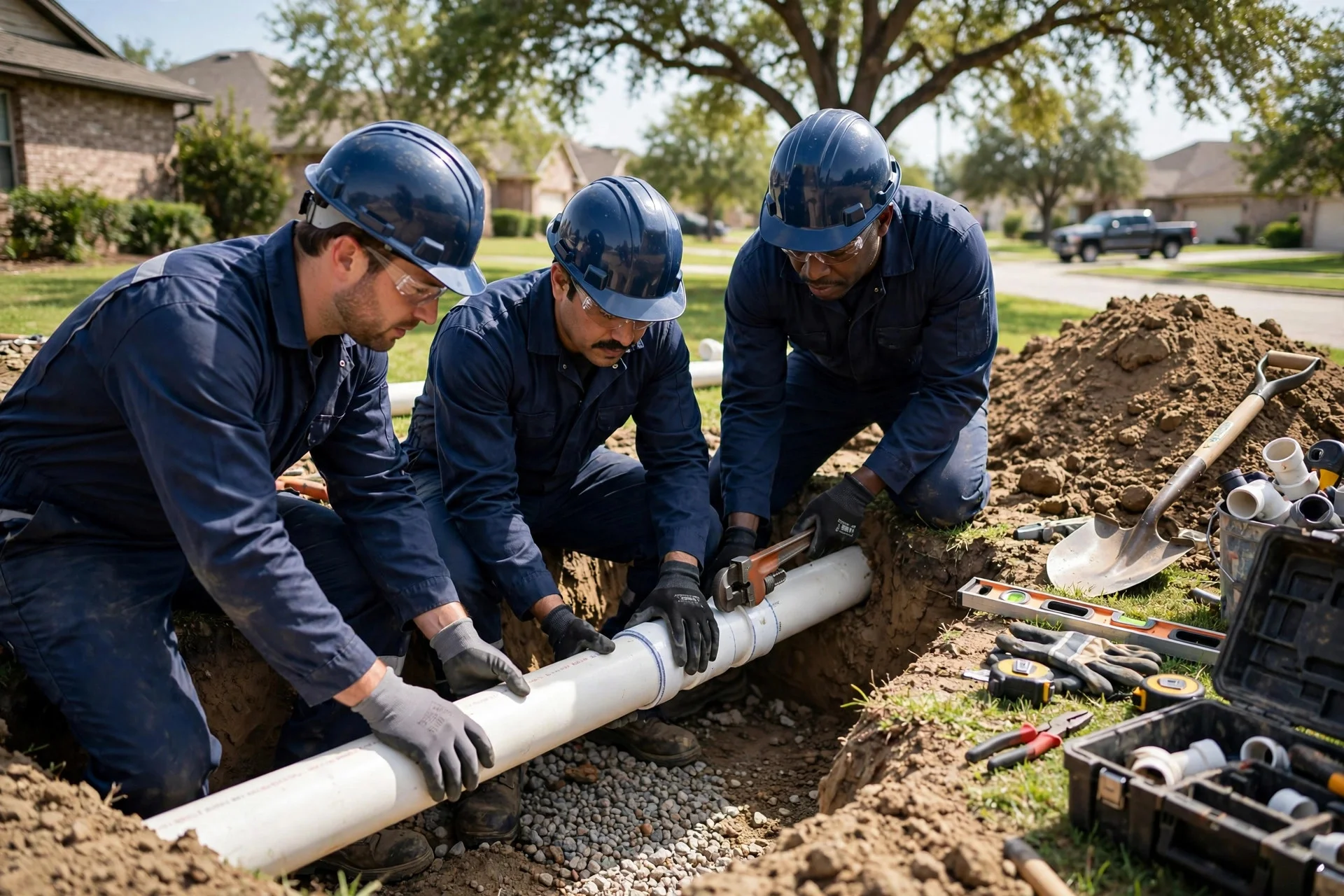 Crew installing pipe in a trench