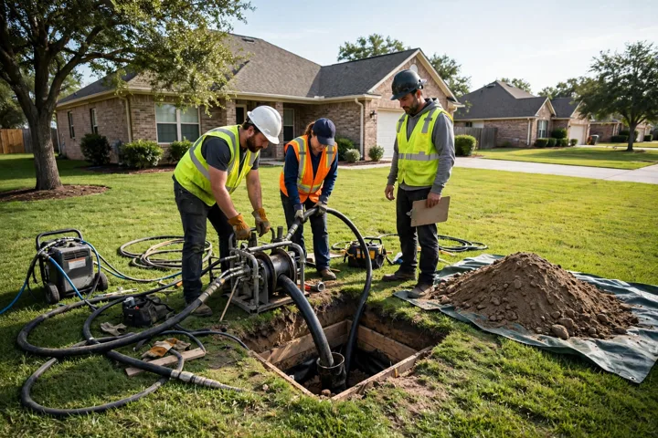 Crew at a sewer access pit