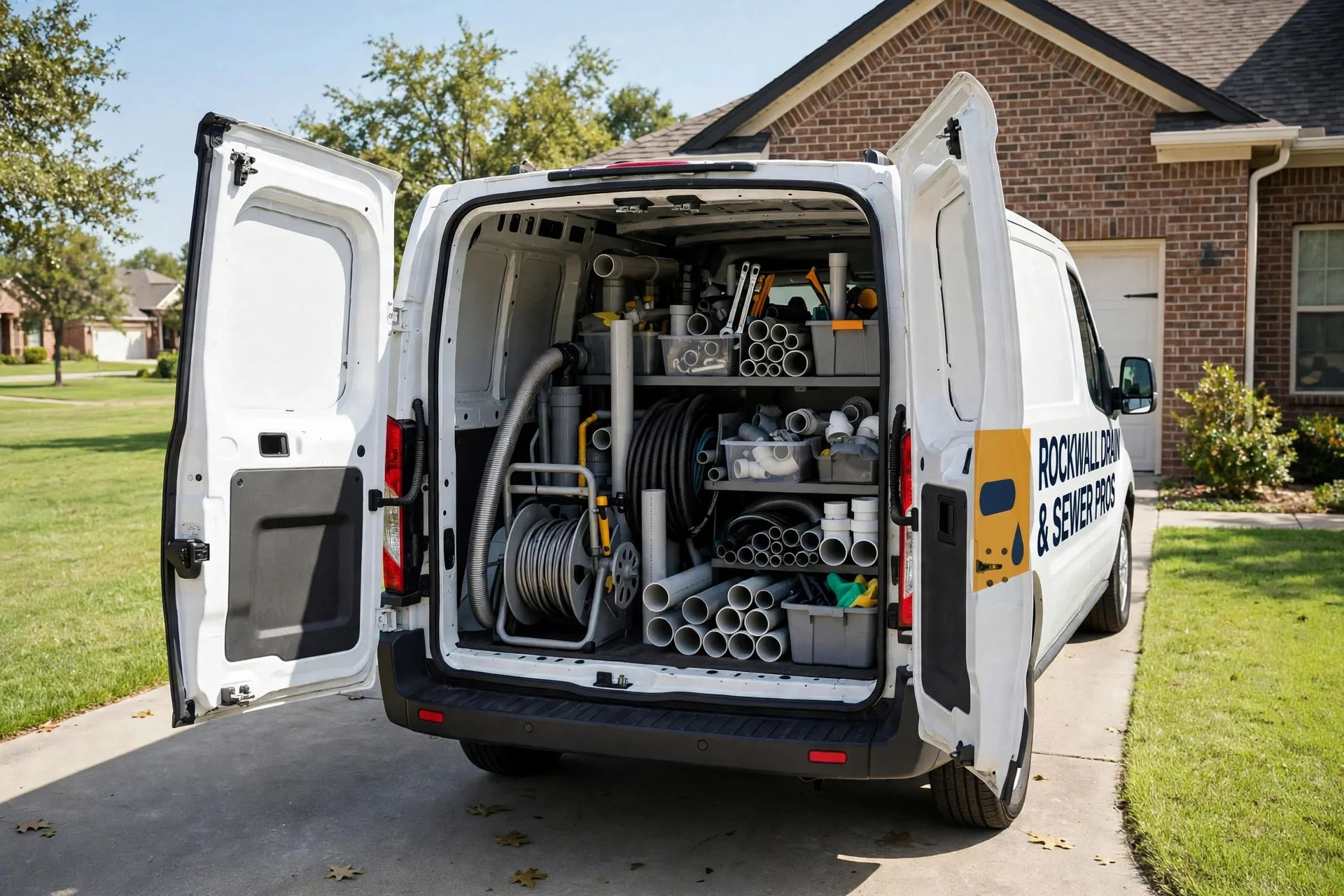 Clean van with rear doors open and drain equipment inside